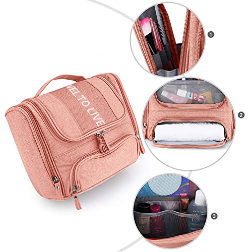 Hanging Toiletry Bag, Upgraded Hanging Travel Organizer Kit Full Sized Water-resistant Makeup Cosmetic Bag Large Capacity Storage Bag for Accessories, Shampoo, Full Sized Container, Toiletries (Pink)