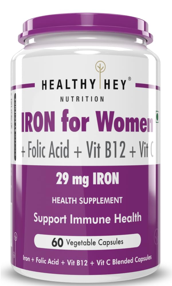 HealthyHey Iron Supplement for Women -100% Chelated - With Vitamin B12, Folic Acid & Vitamin C for High Absorption (60 Veg Capsules)