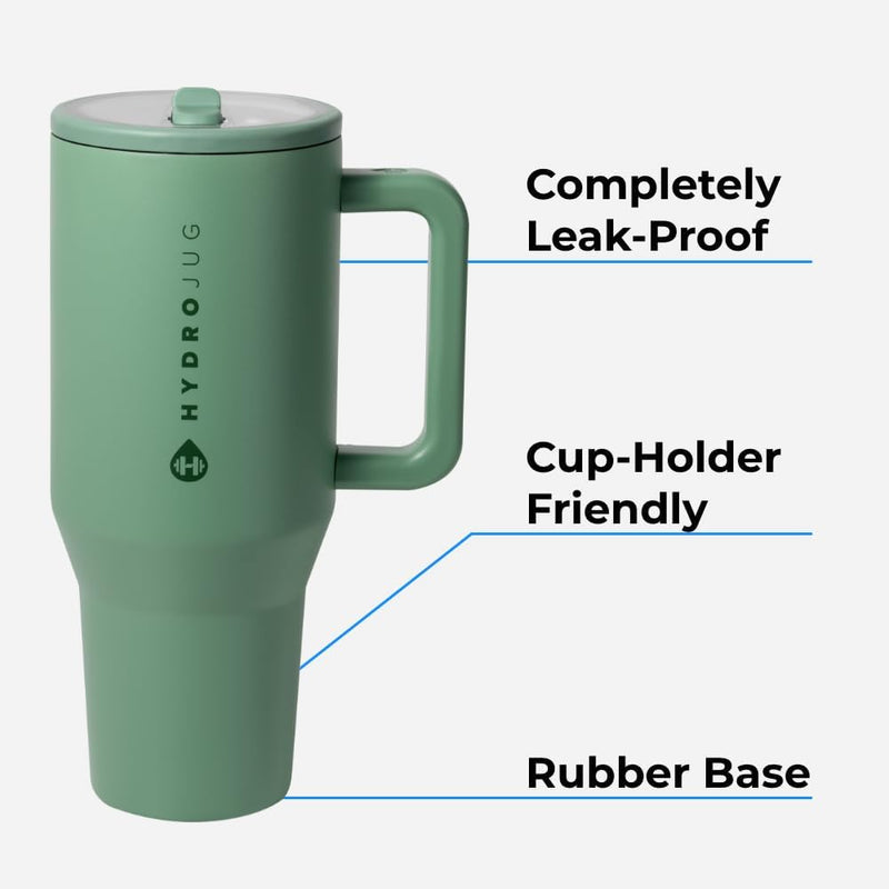 HydroJug Traveler - Modern 40 oz Tumbler with Handle & Simple Flip Straw - Car Cup Holder Friendly, Leak Resistant Water Bottle-Reusable Insulated Stainless Steel & Rubber Base - Gifts for Women & Men