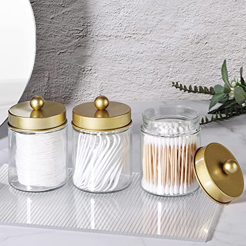 Apothecary Jar Canisters Bathroom Vanity Organizer - Qtip Holder Storage Organizer Countertop Canister-Stainless Steel Lids &Cute Stickers for Qtips,Cotton Swabs,Makeup Sponges,Floss(3 Pack ) (Gold)