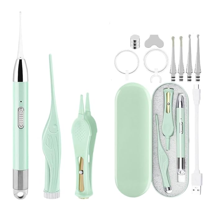 Tengcang Earwax Removal Nose Picker Tool with LED Light and Storage Case USB Charging Ear Scoop Safe Silicone Soft Ear Wax Removal Tool for Baby Children and Adults (Green)