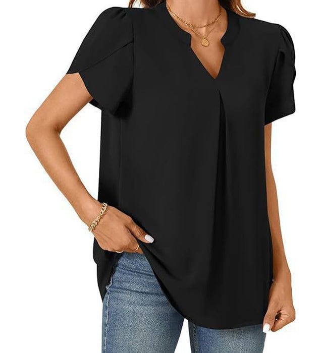 Women's Chiffon V-Neck Blouse T-Shirt Loose Pleated Chiffon T-shirt Tops