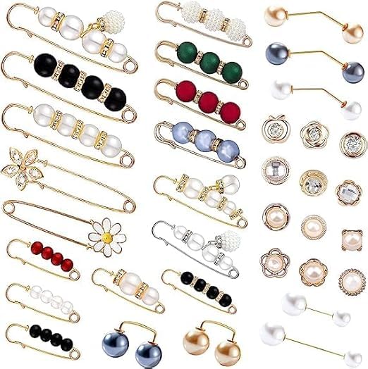 IWTEIPAN 35 Pcs Pearl Brooch, Hat Clip Neckline Pins, Double Faux Pearl Brooches, Women, Girls Fashion Cover Up Buttons, Clothing Dresses Decoration Accessories, Pant Waist Tightener Safety Pins