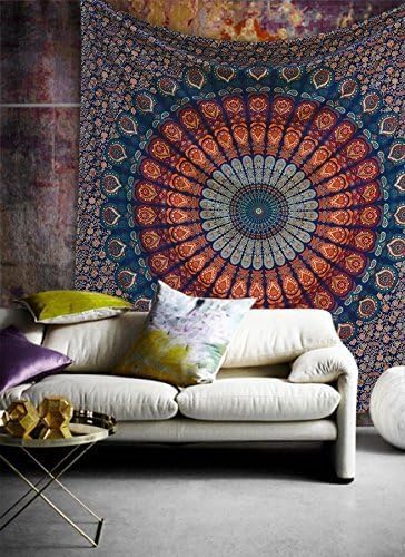 Bless International, Indian Wall Hanging Psychedelic Hippie Bohemian Peacock Mandala Tapestry Bed Sheet Gold Pink Blue King 225x265cm