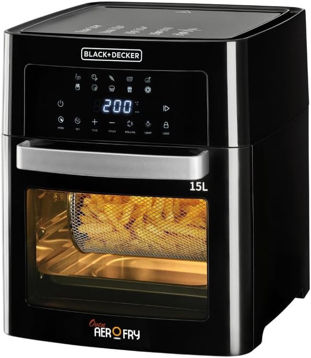 BLACK+DECKER Digital Air Fryer Oven, 1700W, 15L Family-Sized Capacity, Touch Control, 10 Preset Functions, 80-220°C Adjustable Temp, Rapid Air Convection, Smoke-Free Cooking, Black - AOF150-B5