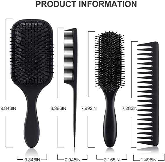 Homarket Paddle Hair Brush, Detangling Brush and Hair Comb Set for Men and Women, Great On Wet or Dry Hair (Black-4pcs)