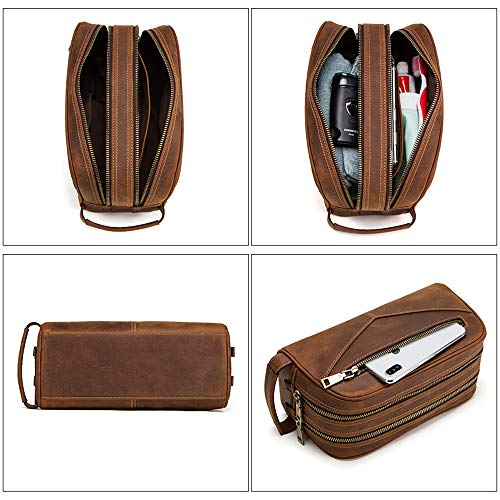 Hiram Genuine Leather Cosmetic Bag For Men, Vintage Crazy Horse Leather Man Make Up Bags, Small Travel Bags, Male Toiletry Bag (Brown)