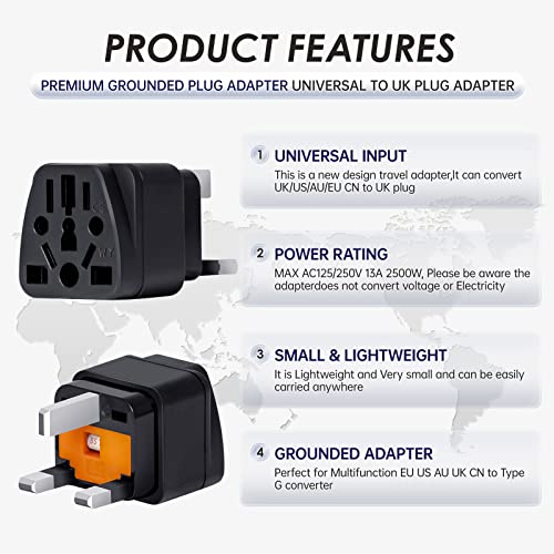 infino� World to UK Travel Adapter (3-Pack, Black) - Universal 3-Prong Power Converter, Transforms US/JP/AU/EU/CN plugs to UK - Grounded, Safe & Compact for All Devices, Includes 13A Fuse + 2 Spares