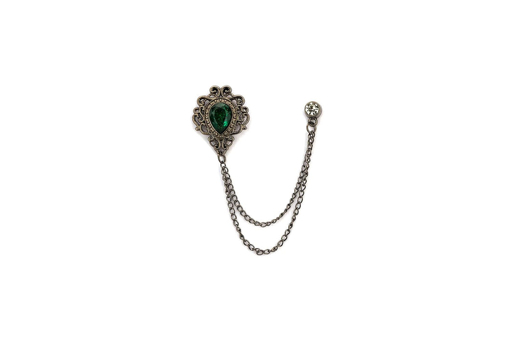 Knighthood Shimmer Stone With Gun Metal Engraving Stone Detailing and Hanging Tassel Chain Collar Pin Brooch, Suit Stud, Shirt Studs, Lapel Pin Accessories for Men Women