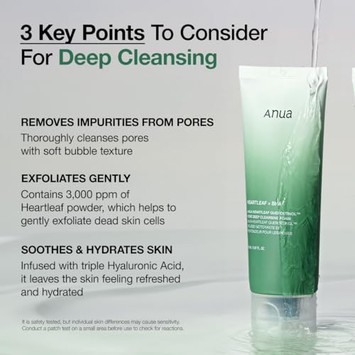 ANUA Heartleaf Quercetinol Pore Deep Cleansing Foam, Facial Cleanser, for Double Cleansing, BHA, Hyaluronic Acid, Glycerin, Face Wash, Blackhead Remover, (150ml/5.07 fl.oz.)