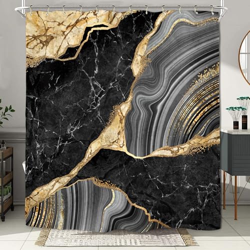 Miyotaa Black Gold Marble Shower Curtain Set 60Wx71H Inches Ink Texture Luxury Abstract Decorative Stone Polyester Waterproof Cloth Bathroom Curtain with 12 Hooks