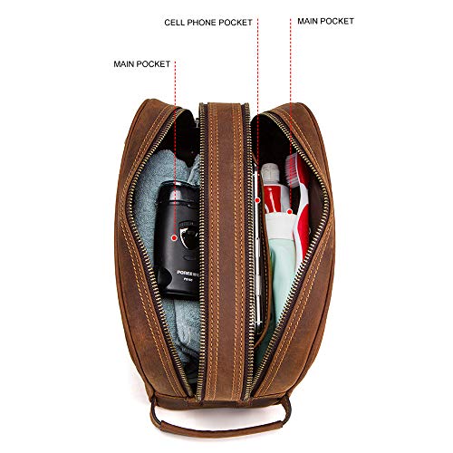 Hiram Genuine Leather Cosmetic Bag For Men, Vintage Crazy Horse Leather Man Make Up Bags, Small Travel Bags, Male Toiletry Bag (Brown)