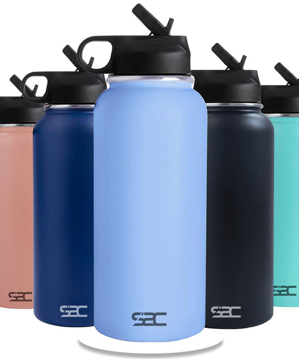 S2C Stainless Steel Water Bottle 1L,32oz Double Wall Vacuum Insulated Water Bottle, BPA Free Water Bottle for Kids School with Straw lid- Thermos Water Flask for Hot Water, Water Bottle (SKY BLUE)