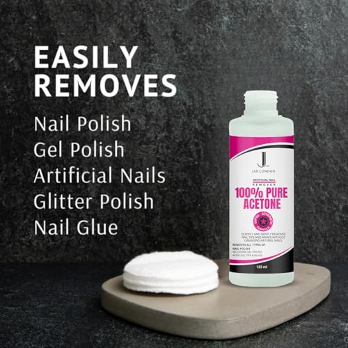 JAN LONDON 100% Pure Acetone Nail Polish Remover for UV/LED Gel, Acrylic Nails, and Nail Varnish Soak Off – Professional Strength, Fast-Acting Formula, 125ml