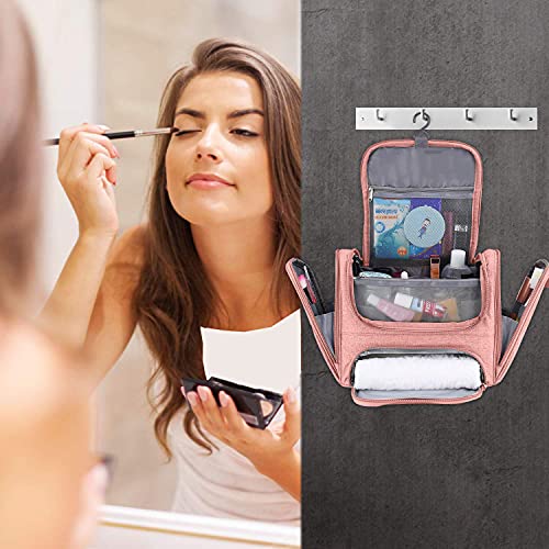 Hanging Toiletry Bag, Upgraded Hanging Travel Organizer Kit Full Sized Water-resistant Makeup Cosmetic Bag Large Capacity Storage Bag for Accessories, Shampoo, Full Sized Container, Toiletries (Pink)