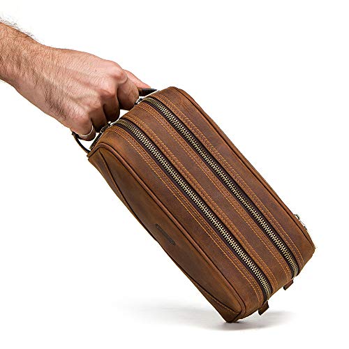 Hiram Genuine Leather Cosmetic Bag For Men, Vintage Crazy Horse Leather Man Make Up Bags, Small Travel Bags, Male Toiletry Bag (Brown)