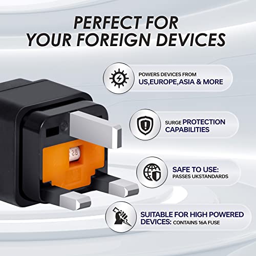 infino™ World to UK Travel Adapter (3-Pack, Black) - Universal 3-Prong Power Converter, Transforms US/JP/AU/EU/CN plugs to UK - Grounded, Safe & Compact for All Devices, Includes 13A Fuse + 2 Spares