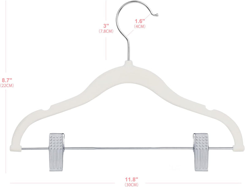 ManGotree 11.8'' Baby Velvet Hangers with Movable Clips, Non-slip Kids Clothes Hangers, Ultra-thin Space-saving Children's Felt Hangers for Shirts, Pants, Dresses, Skirts, Jackets (16 Pack, White)