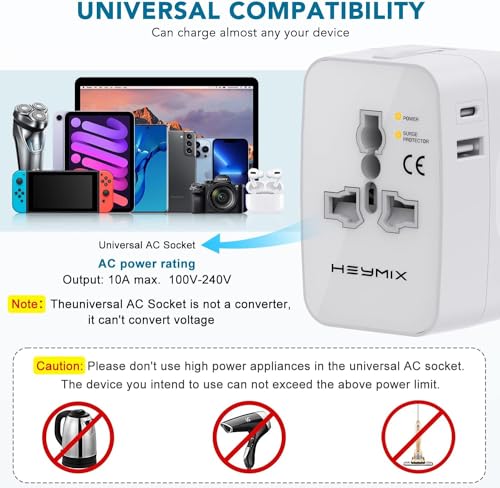 HEYMIX LIFE Universal Travel Adapter,Universal Travel Adapter USB C,World Travel Power Plug With USB,All In One Travel Plug Adapter For EU/US/UK/AU Compatible With iPhone/Samsung (White, PACK)