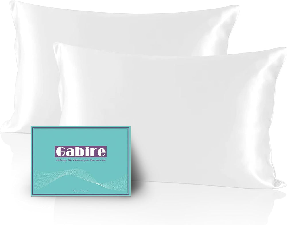 Gabire Mulberry Silk Pillow Cases Set of 2, Both Sides Real Silk Pillowcase for Hair and Skin Prevent Acne Pillowcase Organic Silk Pillowcase 2 Pack with Hidden Zipper, White, Standard (20"26")