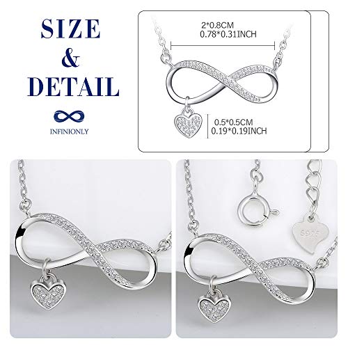 INFINIONLY Women's / Girls' Necklace Pendant 925 Sterling Silver Necklace Infinity Symbol Necklace Inlaid Mini Heart Adjustable Chain