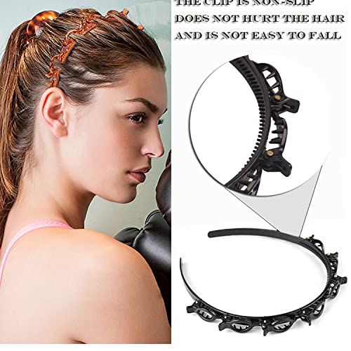 JASSINS 2 Pcs Double Bangs Hairstyle Hairpin Headband, Professional Weave Bangs Clip, Twist Clip Headband with Toothed Headband Braid Tool, Women Girls Fashion Hair Accessories (Black and Brown)
