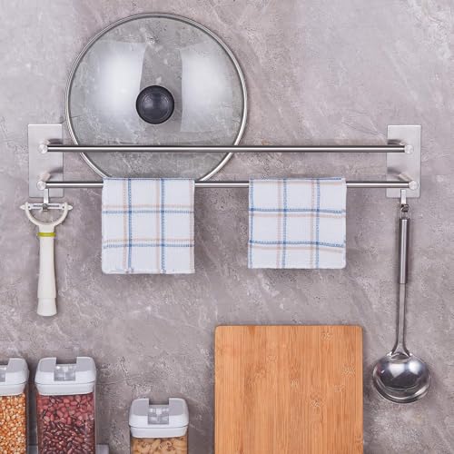 JS Bathroom Towel Holder Adhesive, 43.5cm/17.1 Inch Towel Rack No Drill Dual Rod with 2 Hooks, 304 Stainless Steel, Anti-rust Towel Rail for Shower/kitchen