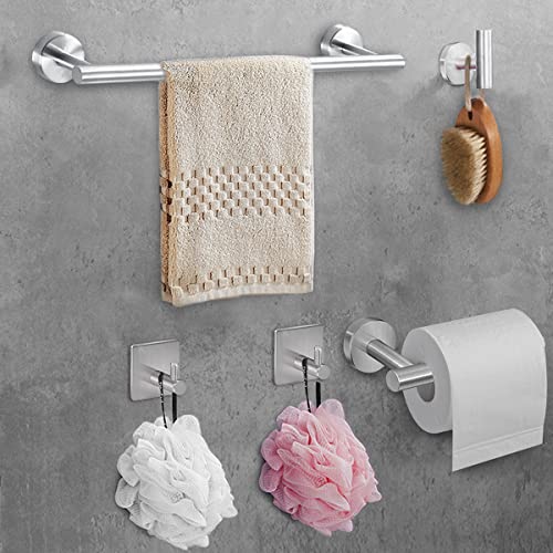 5 Pieces Wall Mounted SUS304 Stainless Steel Bathroom Towel Rack 40cm 16" Towel Rails Towel Holder, Toilet Paper Holder and Robe Hooks Bathroom Accessories Set (Bathroom Set, Brushed Finish Silver)