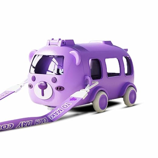Twisoo Bus Design Water Bottle for Kid with Straw and Sticker Sport Plastic Portable Drinking Bottle for Kids Girls School Camping Trips Supplies with Shoulder Strap (Purple)