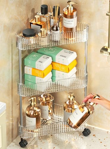 U-HOOME 3-Tier Clear Bathroom Storage Cart with Wheels, Modern Style Corner Shelf Organizer, Shower Caddy