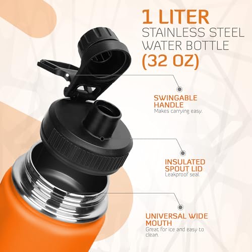 HYDRO HYPE Stainless Steel Water Bottle 1L,Double Wall Flask 32Oz,Thermos for Sports,Gym,Kids School,Home,Office,Vacuum Insulated,Water Bottle Combo 1 Silicon Finger Stretch Trainer(Tangy Orange)