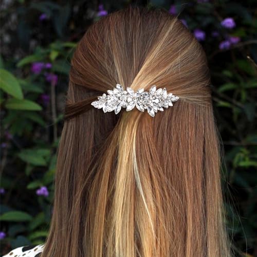 HINZIC Sparkly Rhinestone Hair Clip Silver Crystal Prom Barrettes Wedding Engagement Pageant Formal Dressy Decorative Accessories for Bride Women Girls Thick Long Hair