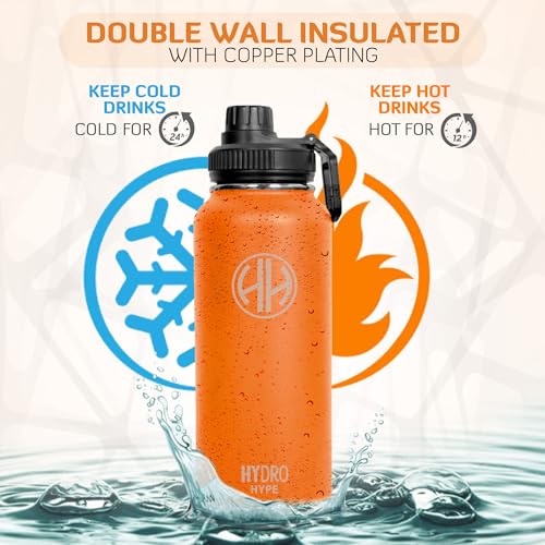 HYDRO HYPE Stainless Steel Water Bottle 1L,Double Wall Flask 32Oz,Thermos for Sports,Gym,Kids School,Home,Office,Vacuum Insulated,Water Bottle Combo 1 Silicon Finger Stretch Trainer(Tangy Orange)