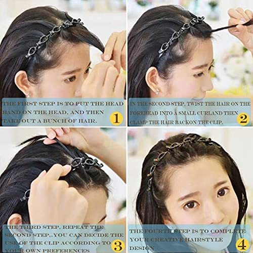 JASSINS 2 Pcs Double Bangs Hairstyle Hairpin Headband, Professional Weave Bangs Clip, Twist Clip Headband with Toothed Headband Braid Tool, Women Girls Fashion Hair Accessories (Black and Brown)