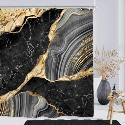 Miyotaa Black Gold Marble Shower Curtain Set 60Wx71H Inches Ink Texture Luxury Abstract Decorative Stone Polyester Waterproof Cloth Bathroom Curtain with 12 Hooks