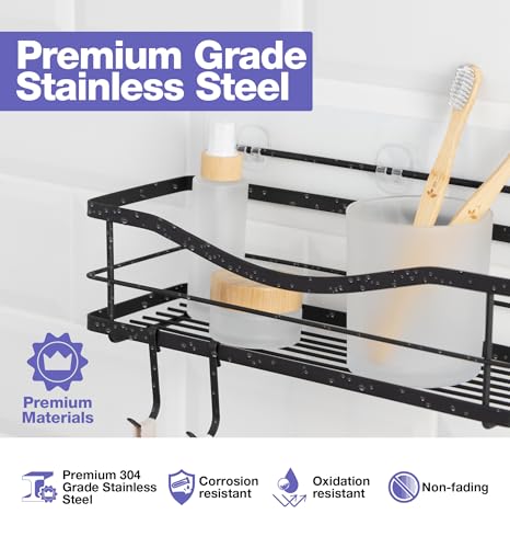KINCMAX Shower Shelf - Self Adhesive Shower Caddy with 4 Hooks - No Drill Large Capacity Stainless Steel Rack - Aesthetic Organizer for Bathroom Wall Decor - Matte Black