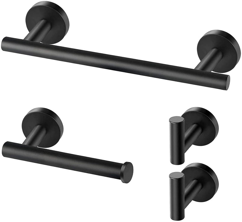 UUHOME Bathroom Hardware Set, Matte Black Bathroom Accessories Set, 304 Stainless Steel Towel Bar Set Wall Mounted Include 16" Bathroom Towel Rack, Toilet Paper Holder and 2 Robe Hooks(4pcs) (Black)