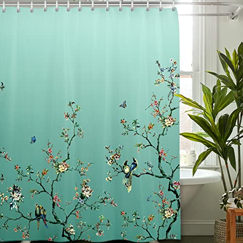 LIVETTY Ombre Green Floral Shower Curtain Birds 72x78 inches with 12 Hooks Mint Light Green Shower Curtain Turquoise Teal Butterfly Fabric Bathroom Curtain Washable Quick-Drying