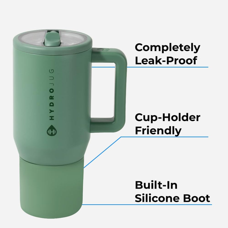 HydroJug Traveler - Modern 40 oz Tumbler with Handle & Simple Flip Straw - Car Cup Holder Friendly, Leak Resistant Water Bottle-Reusable Insulated Stainless Steel & Rubber Base - Gifts for Women & Men
