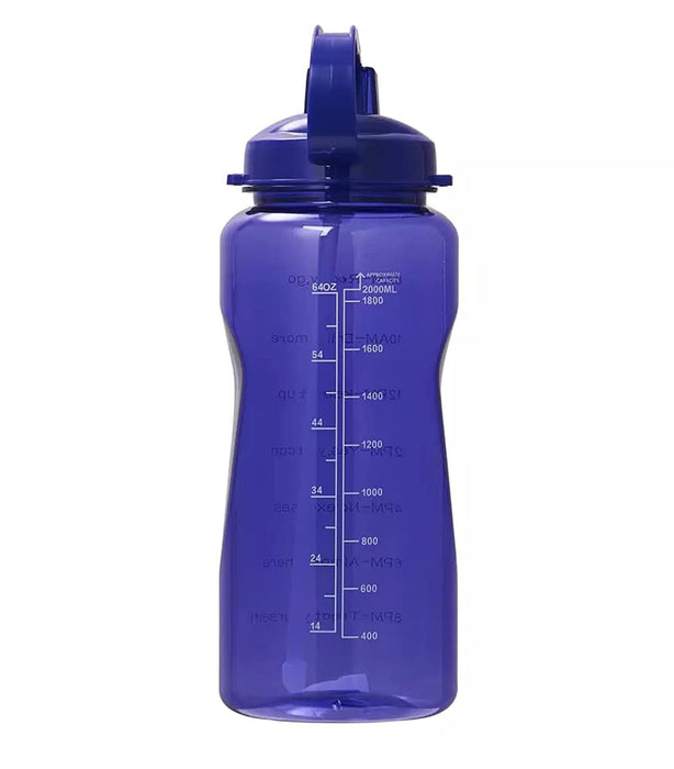 MahMir Large 2 Liters 64Oz BPA Free Multicolor Water Bottle - Leak Proof With Straw, Motivational Quote And Time Marker, Anti Slip For Sports,Fitness, Gym,Outdoor, Picnic, Office (Blue)