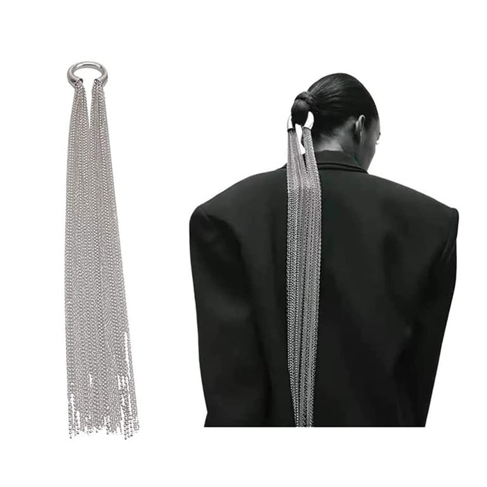 Excefore Punk Tassel Hair Clips Bling Crystal Long Chain With Clips Ponytail Head Chain Decorated Hair Barrette Hairwear Festival Nightclub Party Hair Chain for Women and Girls (Silver)