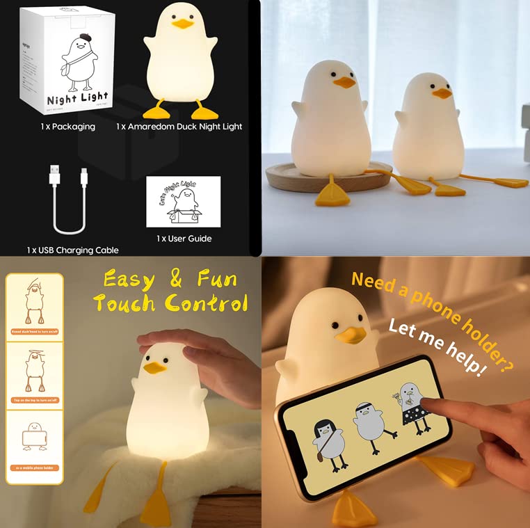 HAWAII Duck Night Light for Kids,Soft Silicone Rechargeable Night Lamp for Kids Room,Touch Control Dimming,Cute Portable Night Light,Gifts for Boys Girls