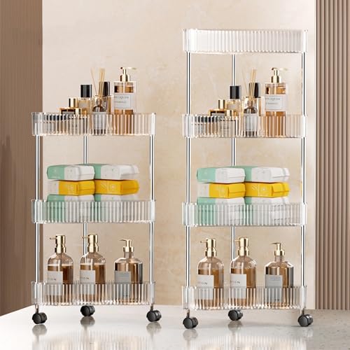 U-HOOME 3-Tier Clear Bathroom Storage Cart with Wheels, Modern Style Corner Shelf Organizer, Shower Caddy