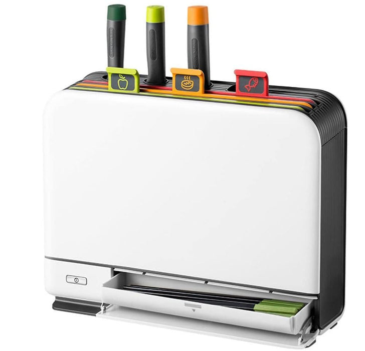 Smart Cutting Board and Knife Set, Board Knife Set with 65°C Drying Holder, UV Deep Sterilization, 3 Colour Coded Chopping Boards & 4 Knives, Kitchen Organizer Tools for Home Gadgets Restaurant