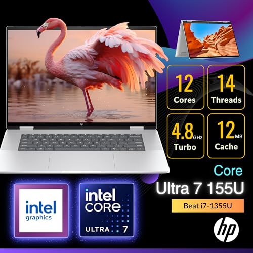 HP Envy x360 2-in-1 Laptop 2024, 16" WUXGA Touchscreen, Core Ultra 7 155U(>i7-1355U, 4.80 GHz), Copilot AI Laptop, 5MP IR camera, Backlit Keyboard,Windows 11 Home, Silver(16GB 6400 MHz DDR5 | 2TB SSD)