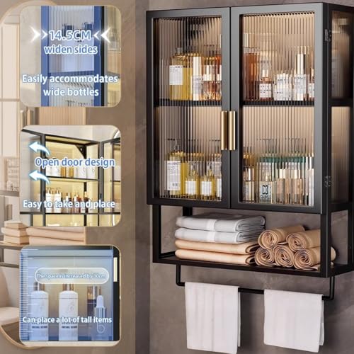 HIKKY Bathroom Storage Cabinet, Wall Mounted Bathroom Organizer Cabinet with Magnetic Door, Large Bathroom Wall Cabinet Medicine Cabinet, Utility Cabinet Organizer for Bathroom, Kitchen(Black)