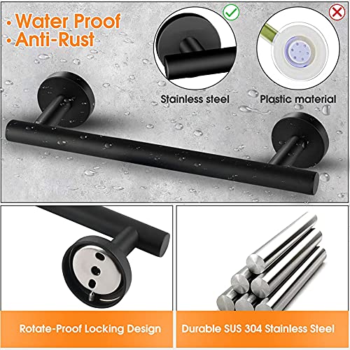 UUHOME Bathroom Hardware Set, Matte Black Bathroom Accessories Set, 304 Stainless Steel Towel Bar Set Wall Mounted Include 16" Bathroom Towel Rack, Toilet Paper Holder and 2 Robe Hooks(4pcs) (Black)