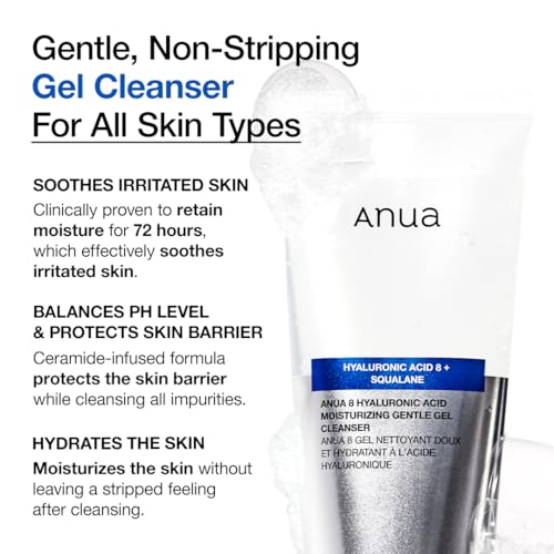 ANUA Moisturizing Gentle Gel Cleanser, for daily hydrating foaming gel face wash, exfoliating with Hyaluronic Acid+Squalane, cleanser for combination skin, Korean Skincare (150ml/5.07fl oz.)