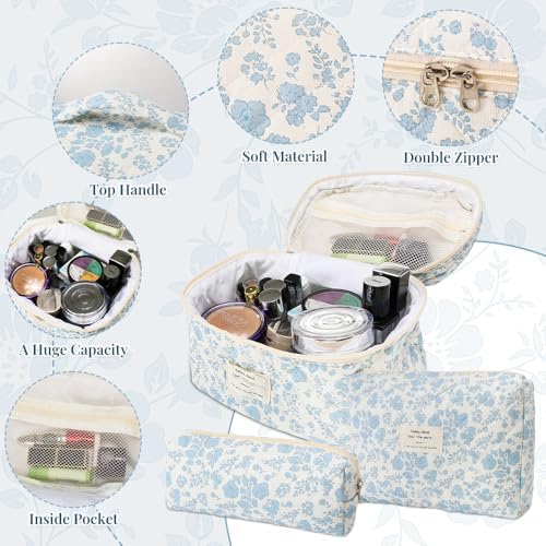 HomeChi Makeup Bag Organizer, 3 PCS Large Capacity Cosmetic Bag with Handle - Portable Toiletry Organizer for Brushes, Skincare Products, and Makeup Tools - Beauty Storage Bag for Home and Travel