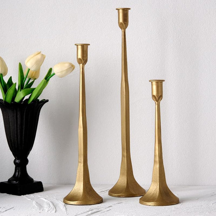 KASTWAVE Iron Taper Candle Holder, Set of 3 Gold Candlestick Holders Decorative Candle Stand, Tapered Candle Holders Tall Set for Wedding, Dining Table, Home Decoration, Party - Antique Brass